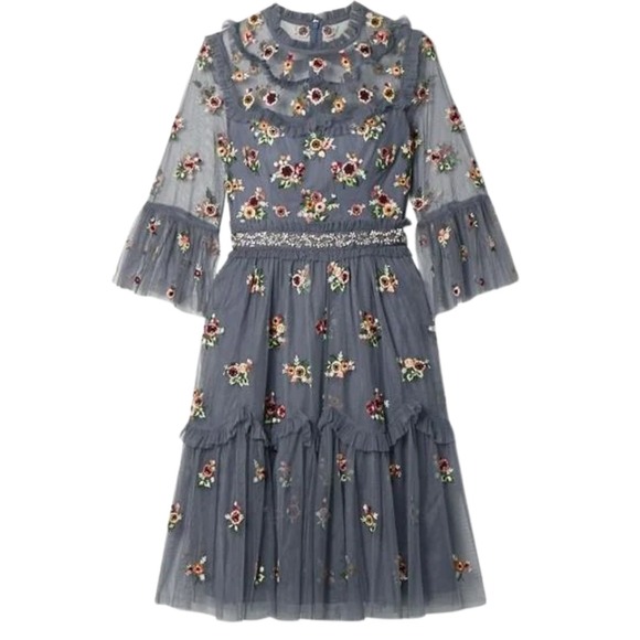 Needle & Thread Dresses & Skirts - Needle & Thread Blue Floral Embroidered Tulle Midi Dress Fairy Prom Indie Folk